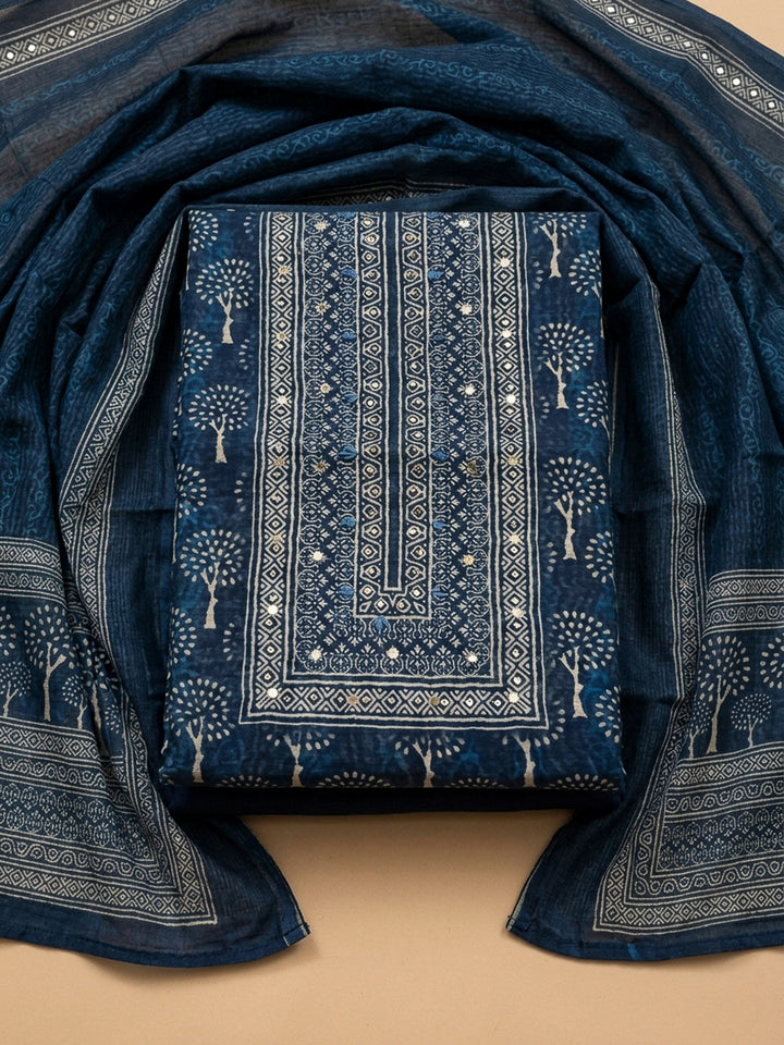 Indigo Printed Chanderi Unstitched Dress Material