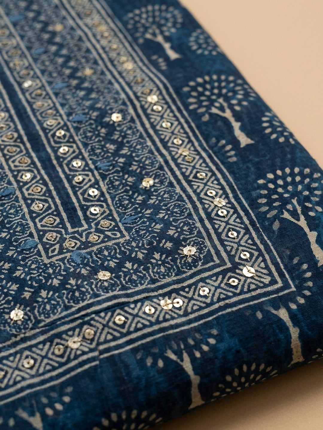 Indigo Printed Chanderi Unstitched Dress Material