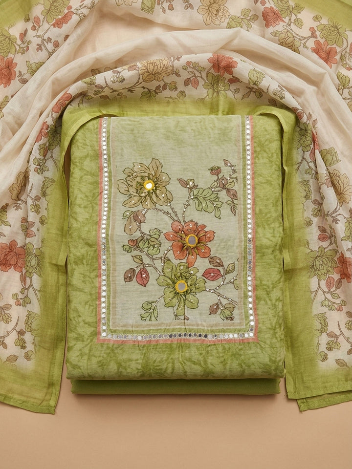 Mehndi Printed Chanderi Unstitched Suit &amp; Pant With Chanderi Dupatta