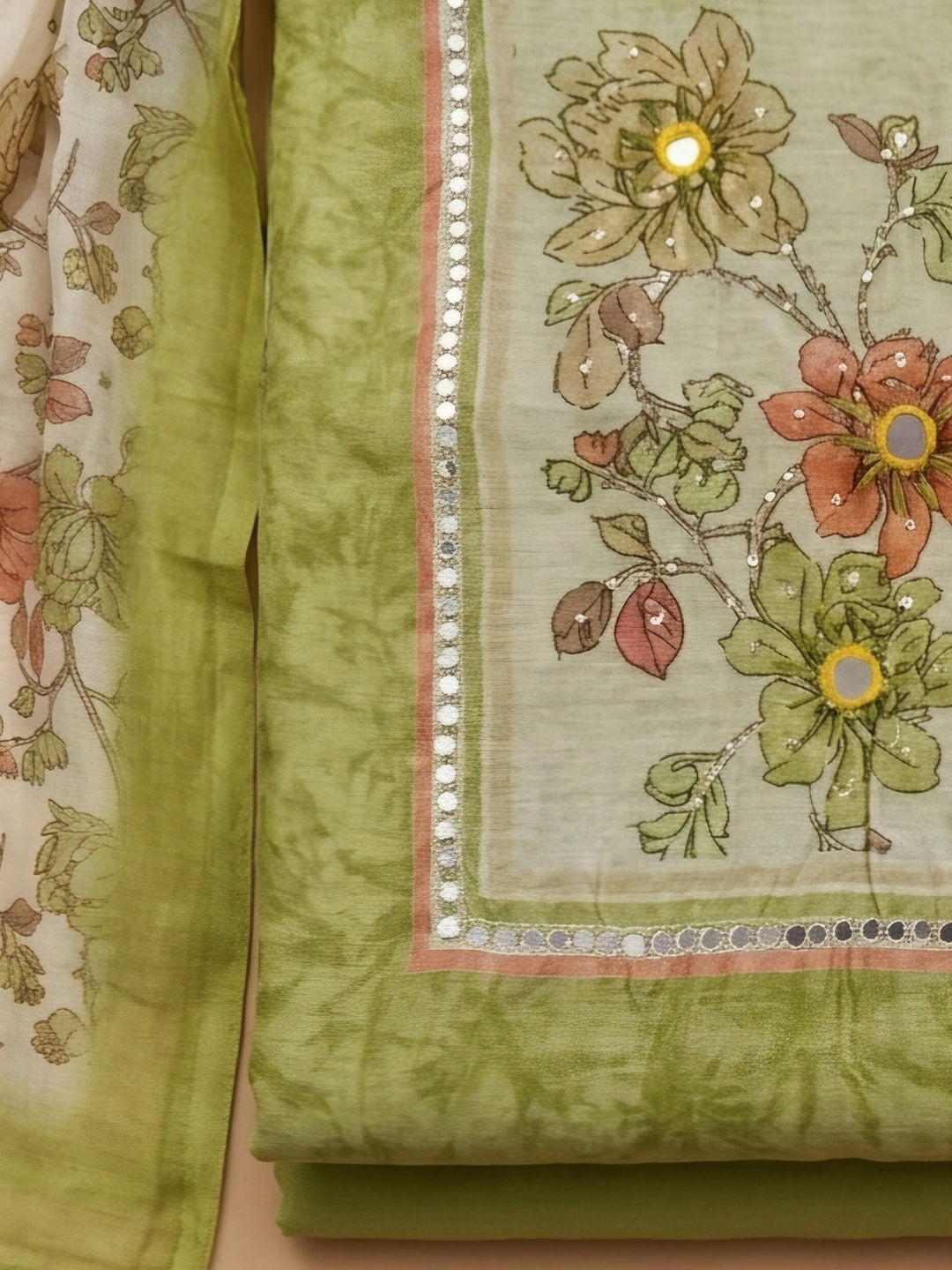Mehndi Printed Chanderi Unstitched Suit &amp; Pant With Chanderi Dupatta