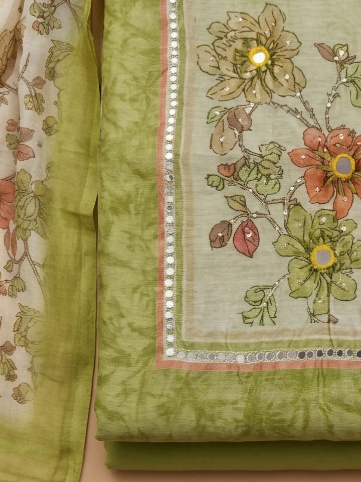 Mehndi Printed Chanderi Unstitched Suit &amp; Pant With Chanderi Dupatta