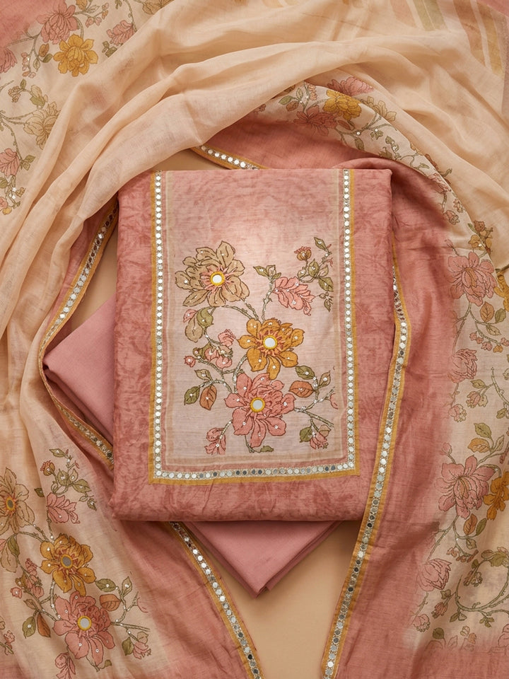 Peach Printed Chanderi Unstitched Suit &amp; Pant With Chanderi Dupatta