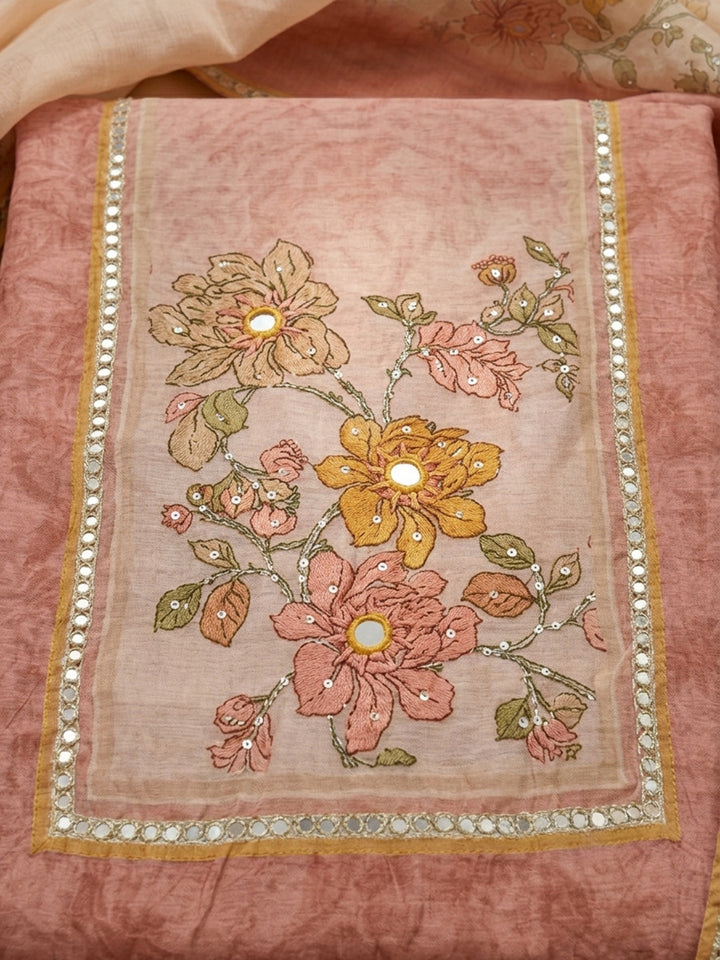 Peach Printed Chanderi Unstitched Suit &amp; Pant With Chanderi Dupatta