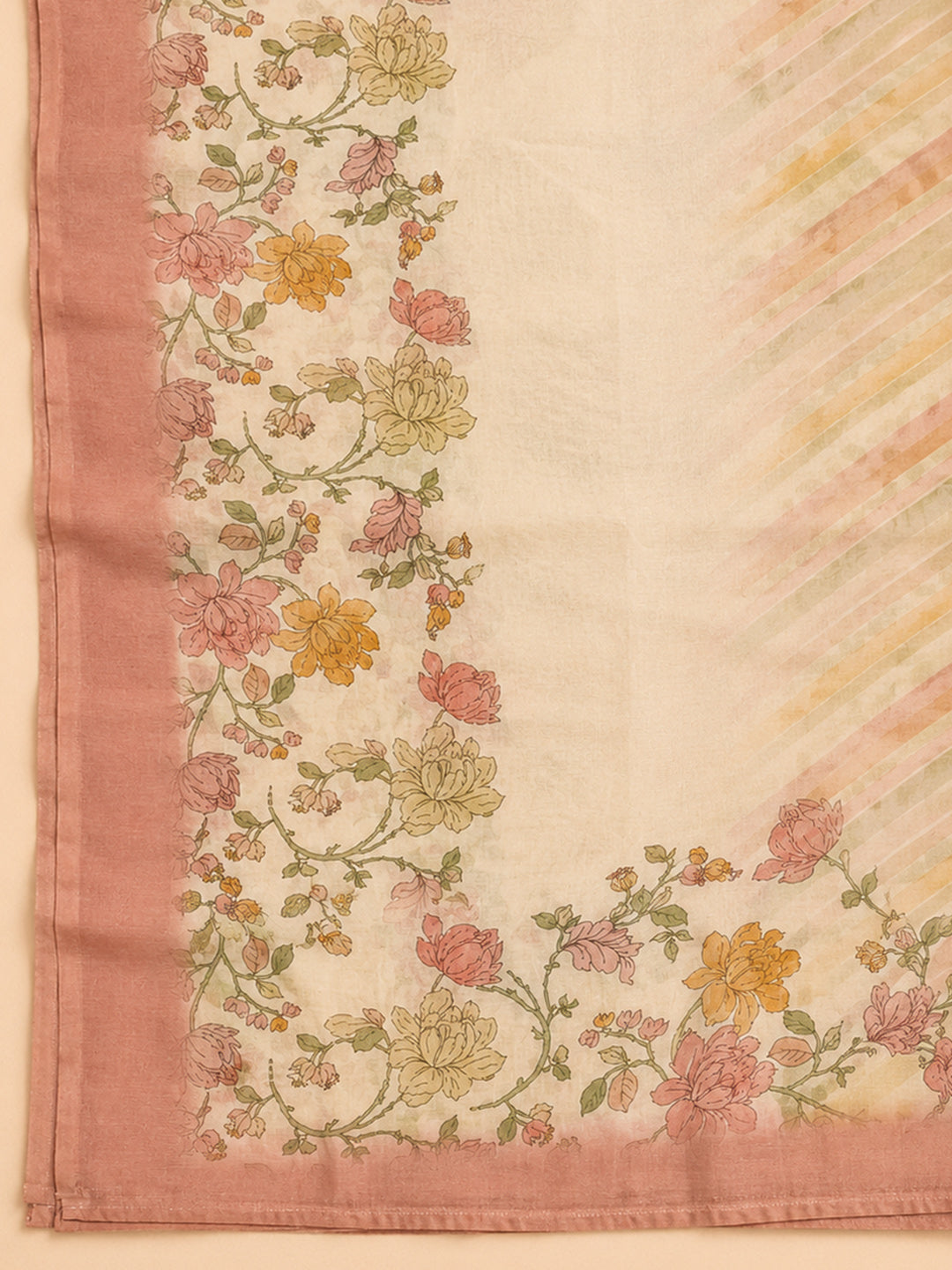 Peach Printed Chanderi Unstitched Suit &amp; Pant With Chanderi Dupatta