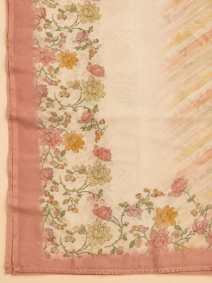 Peach Printed Chanderi Unstitched Suit &amp; Pant With Chanderi Dupatta