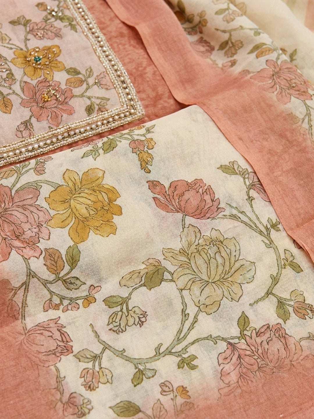 Peach Printed Chanderi Unstitched Suit &amp; Pant With Chanderi Dupatta