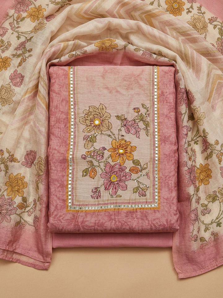 Pink Printed Chanderi Unstitched Suit &amp; Pant With Chanderi Dupatta