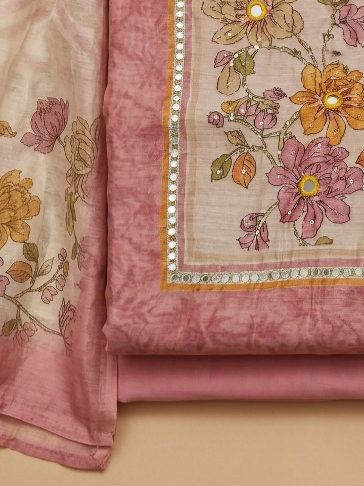 Pink Printed Chanderi Unstitched Suit &amp; Pant With Chanderi Dupatta