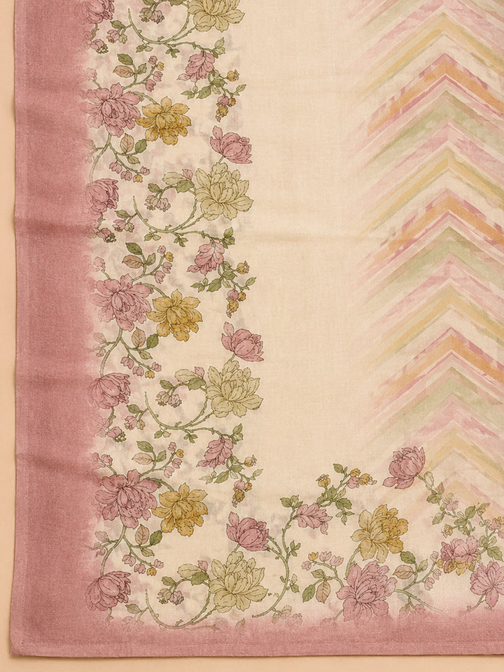 Pink Printed Chanderi Unstitched Suit &amp; Pant With Chanderi Dupatta