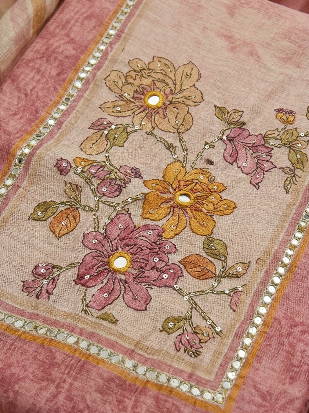 Pink Printed Chanderi Unstitched Suit &amp; Pant With Chanderi Dupatta