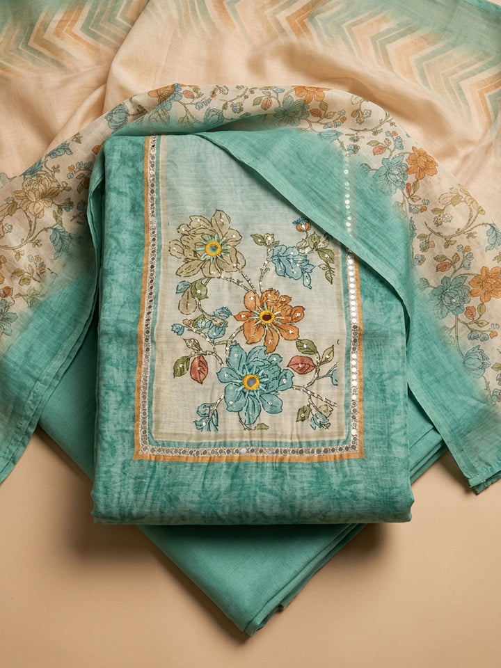 Rama Green Printed Chanderi Unstitched Suit &amp; Pant With Chanderi Dupatta