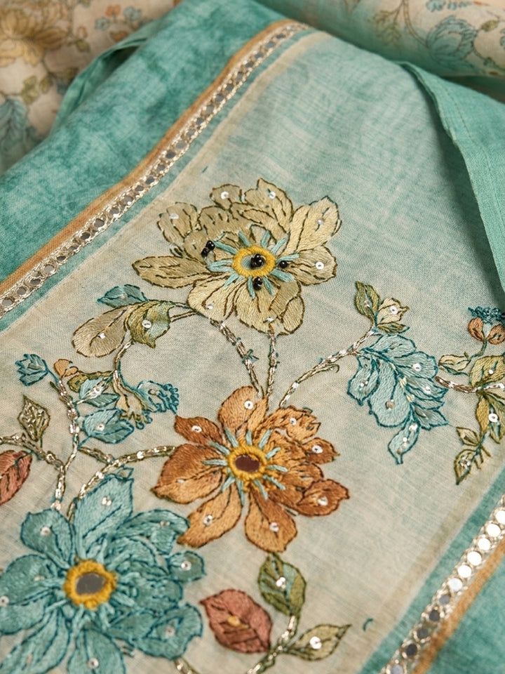 Rama Green Printed Chanderi Unstitched Suit &amp; Pant With Chanderi Dupatta