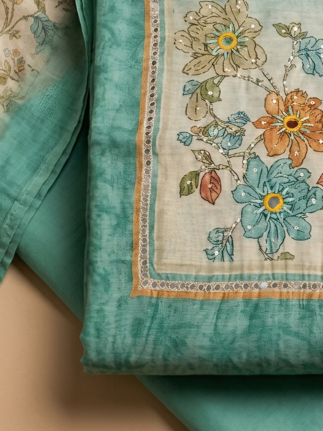 Rama Green Printed Chanderi Unstitched Suit &amp; Pant With Chanderi Dupatta