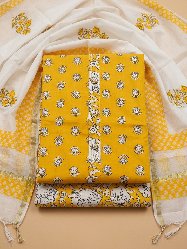 Mustard Printed Cotton Blend Unstitched Dress Material