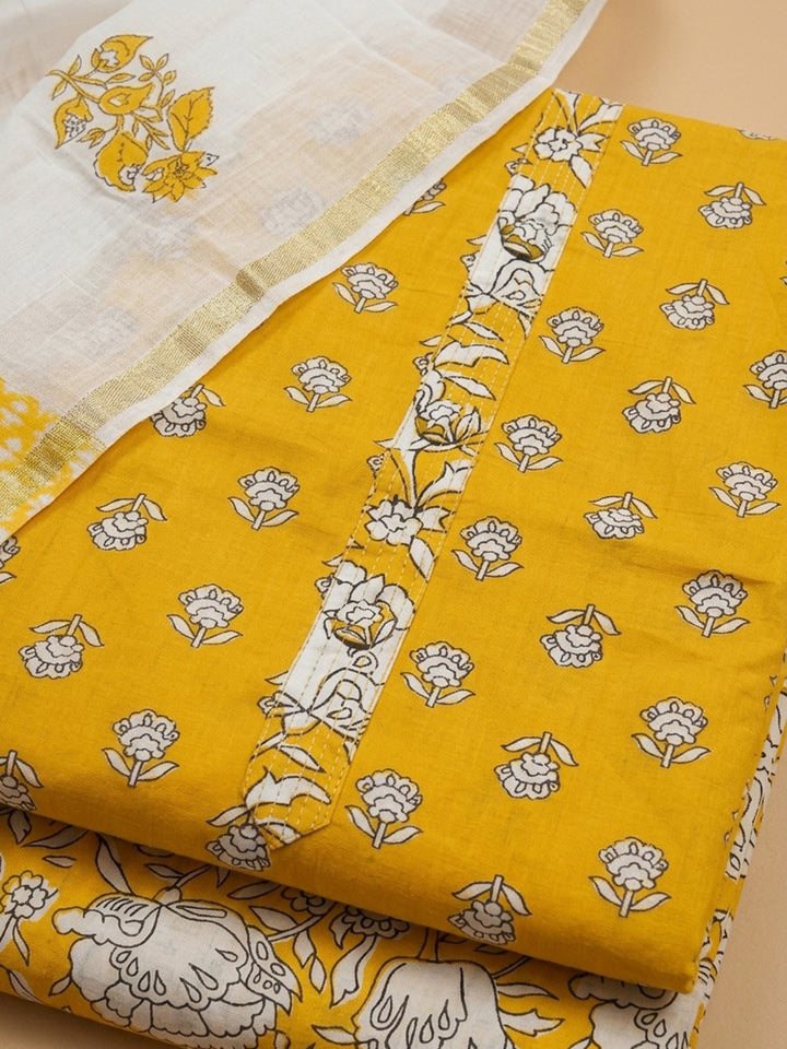 Mustard Printed Cotton Blend Unstitched Dress Material