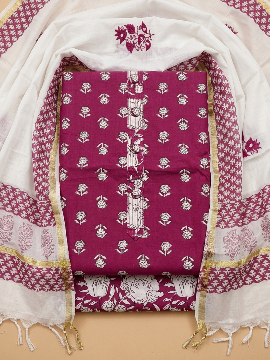 Onion Pink Printed Cotton Blend Unstitched Dress Material