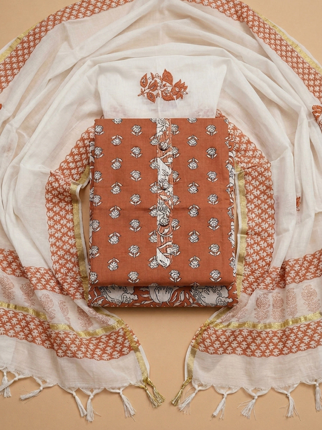 Rust Printed Cotton Blend Unstitched Dress Material