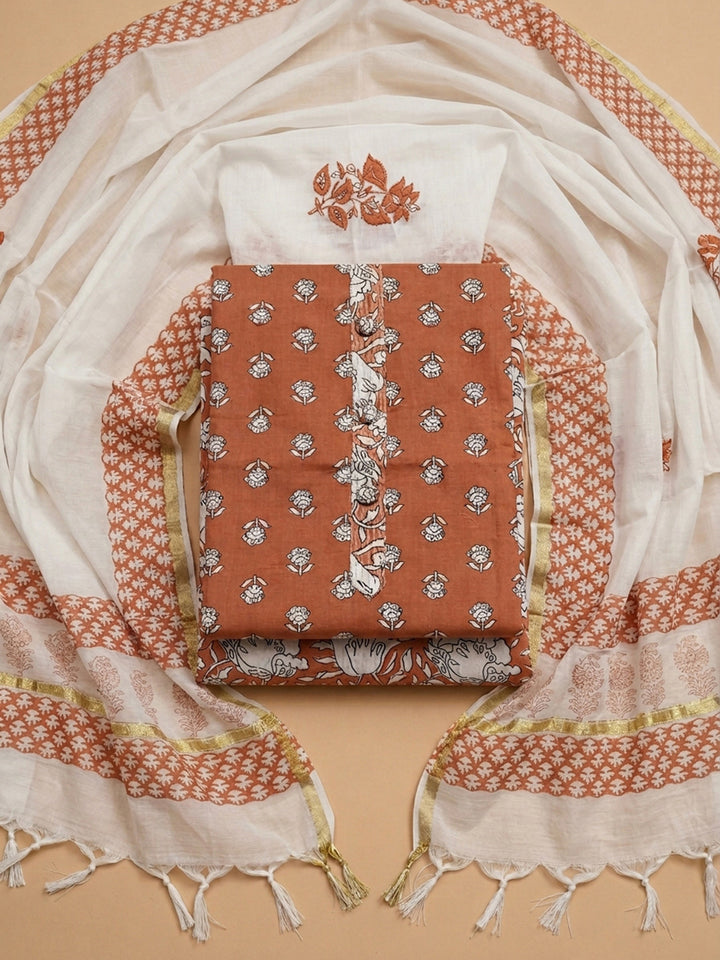 Rust Printed Cotton Blend Unstitched Dress Material