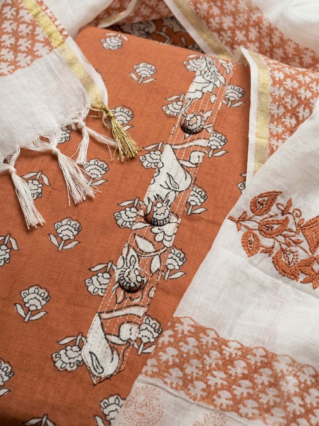 Rust Printed Cotton Blend Unstitched Dress Material