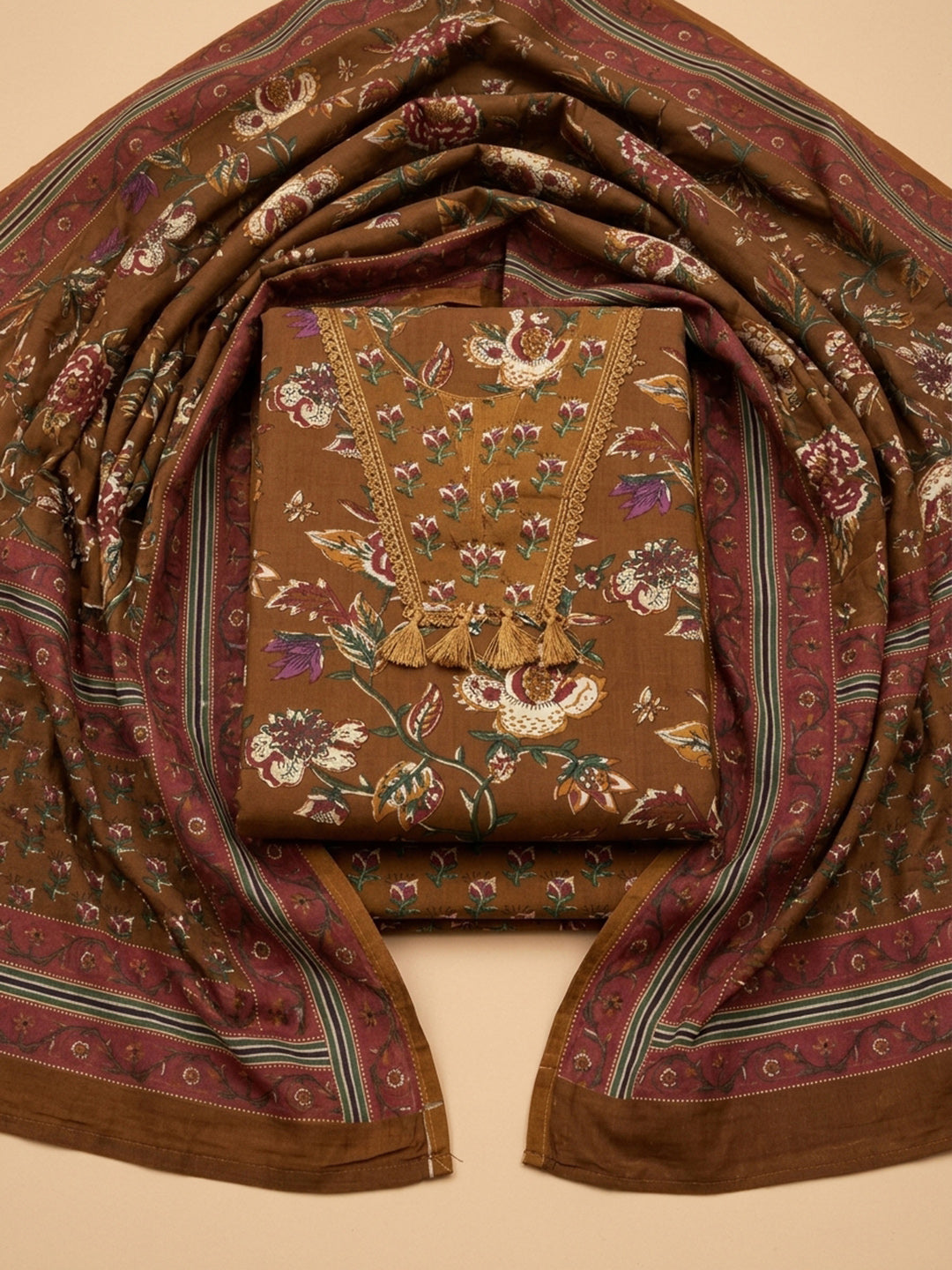 Brown Printed Cotton Blend Unstitched Dress Material