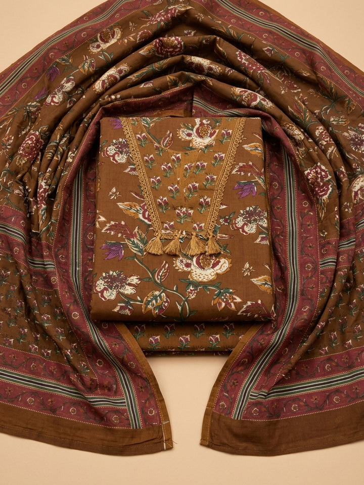 Brown Printed Cotton Blend Unstitched Dress Material