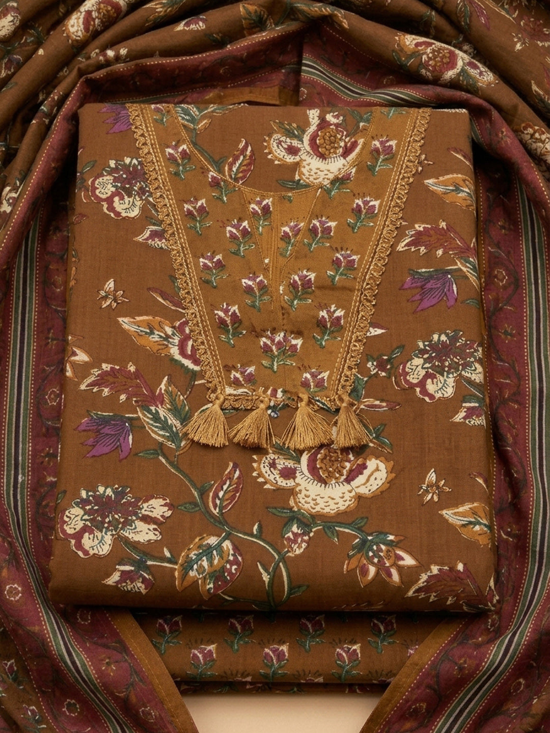 Brown Printed Cotton Blend Unstitched Dress Material