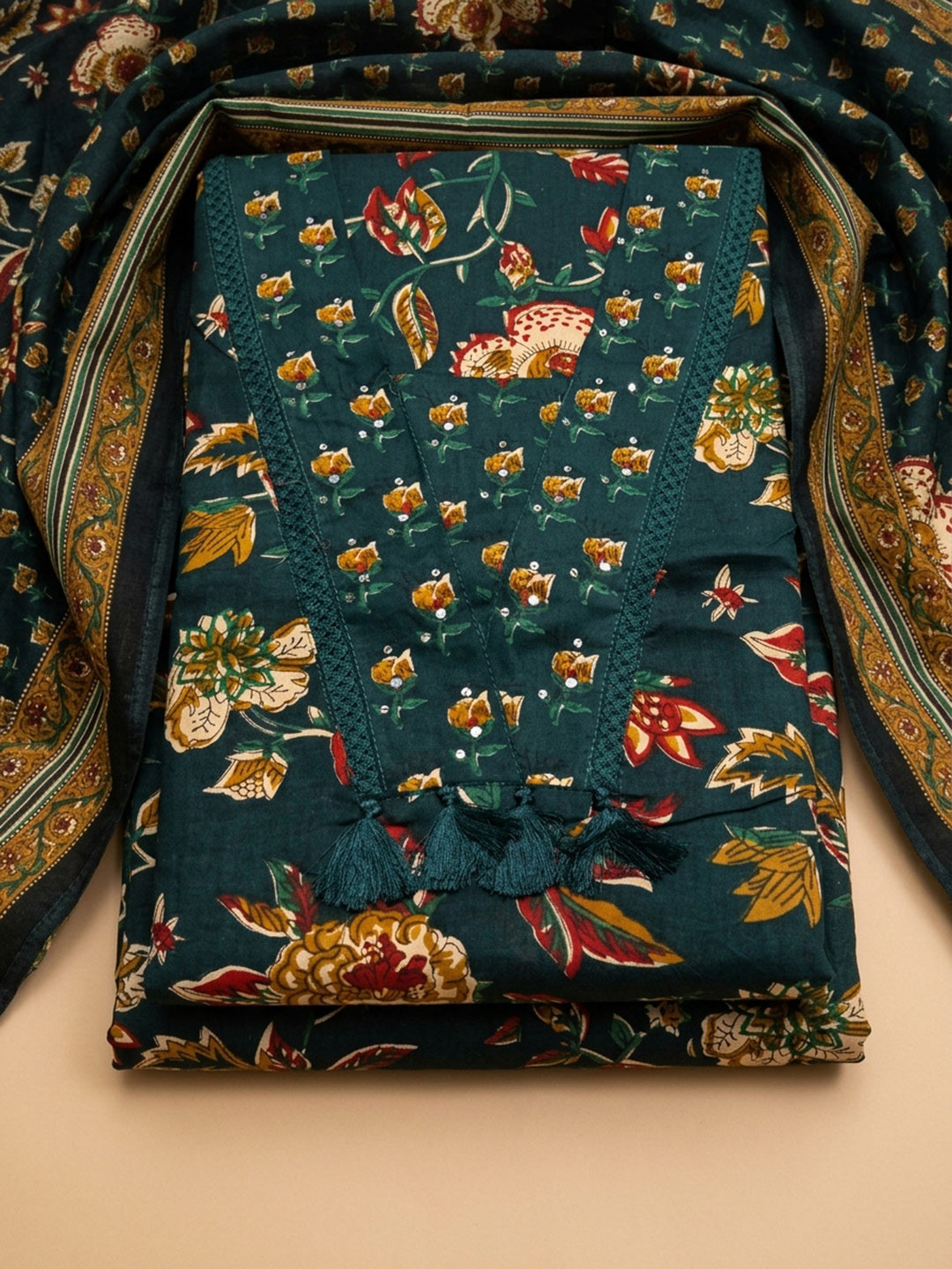 Green Printed Cotton Blend Unstitched Dress Material