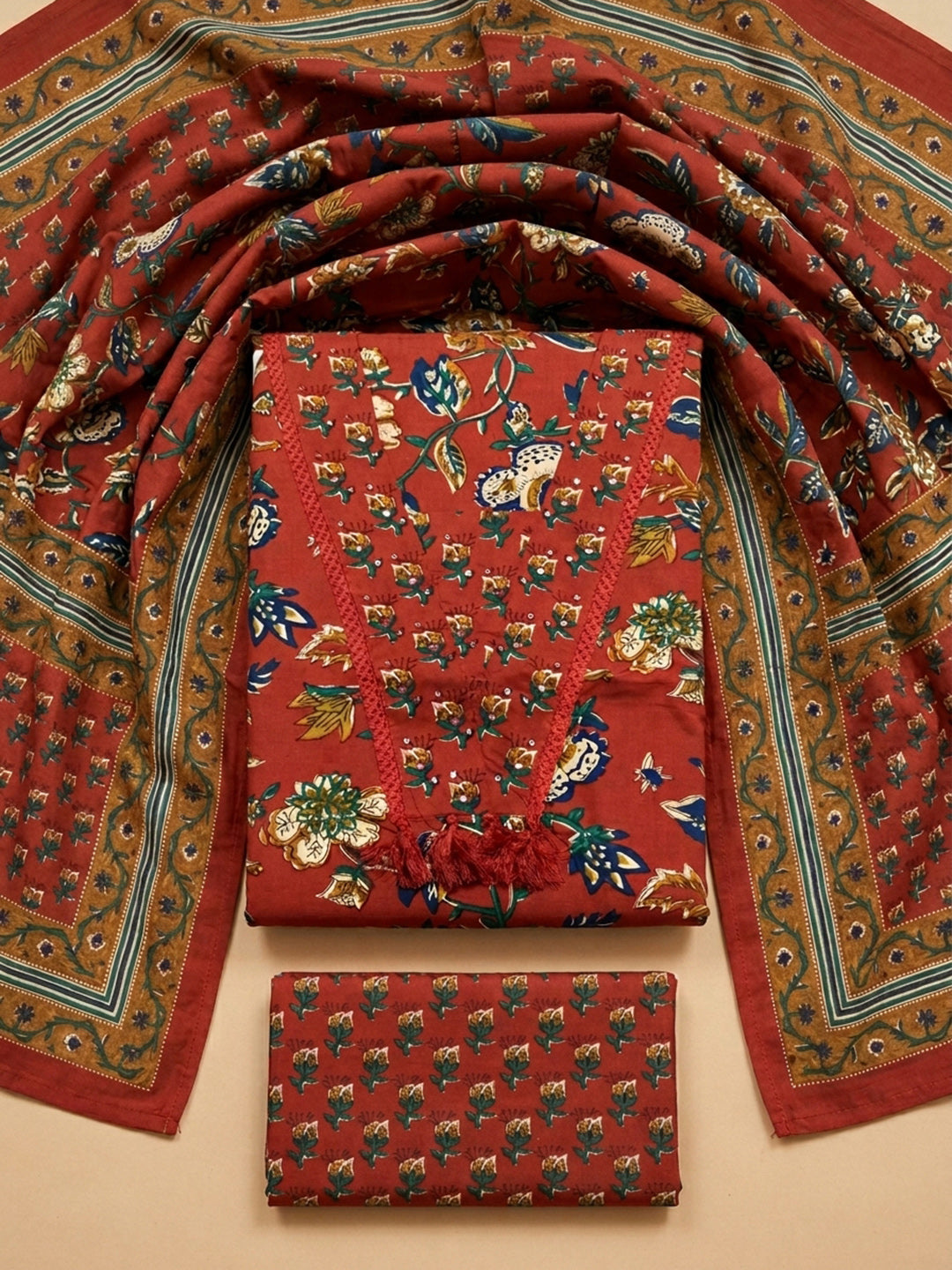 Red Printed Cotton Blend Unstitched Dress Material