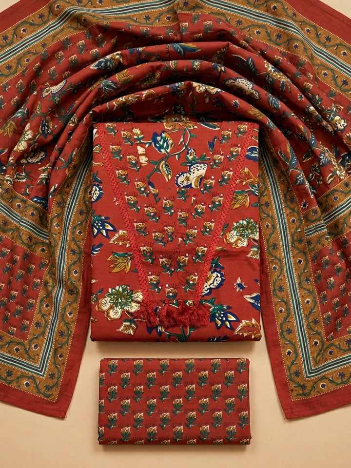 Red Printed Cotton Blend Unstitched Dress Material