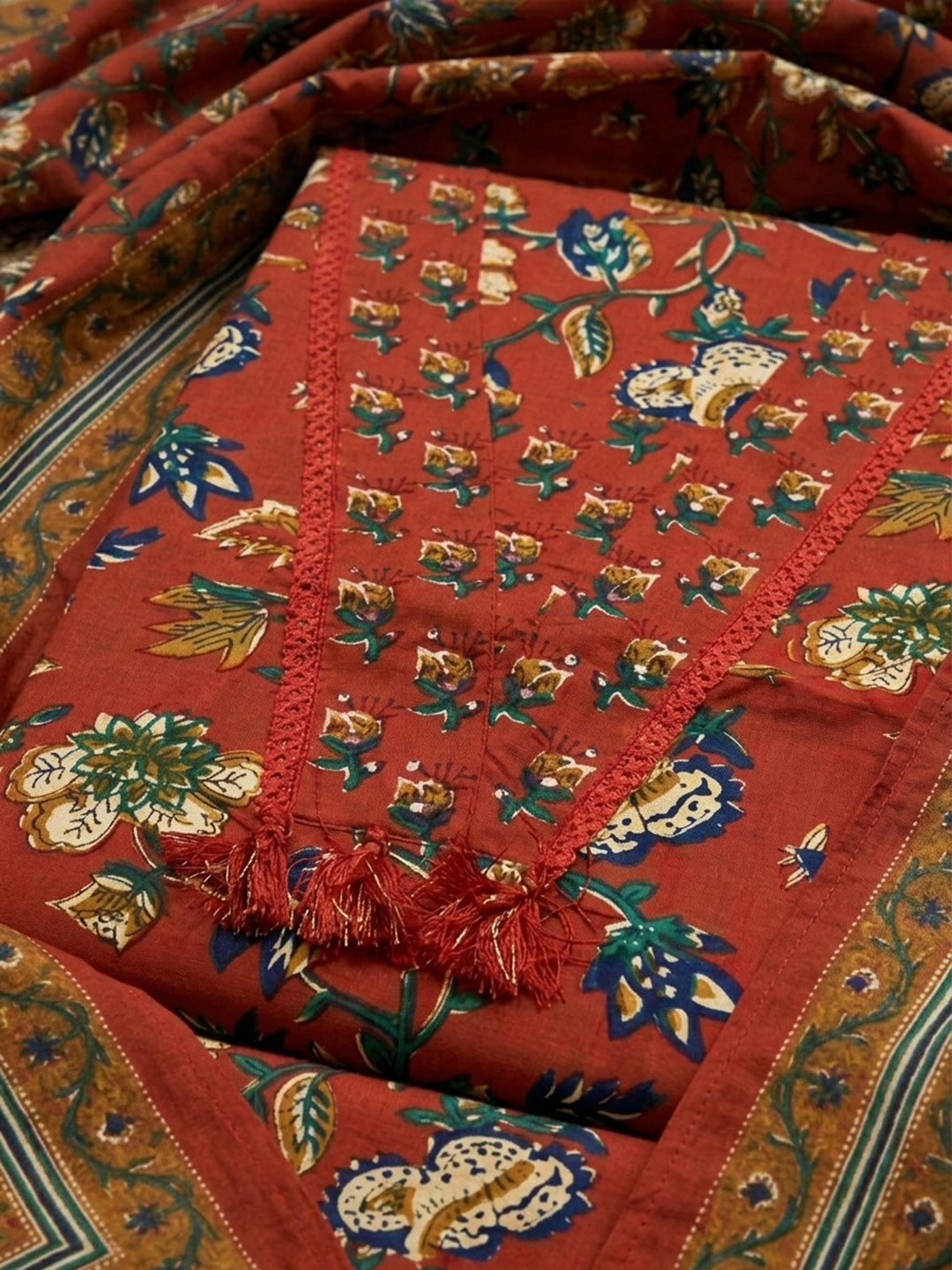 Red Printed Cotton Blend Unstitched Dress Material