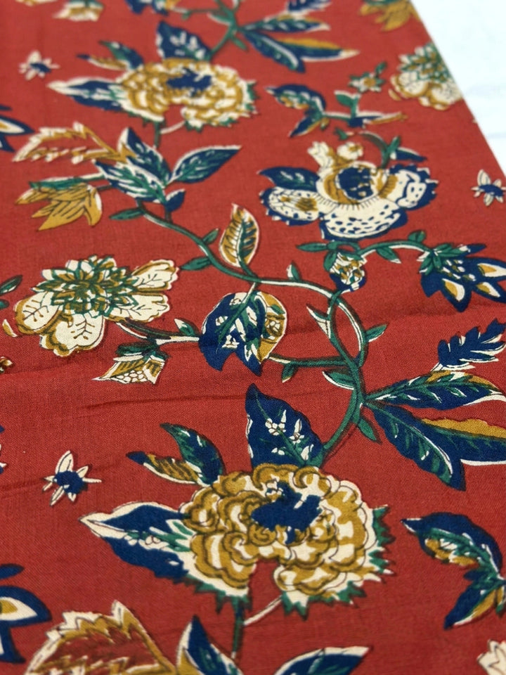 Red Printed Cotton Blend Unstitched Dress Material