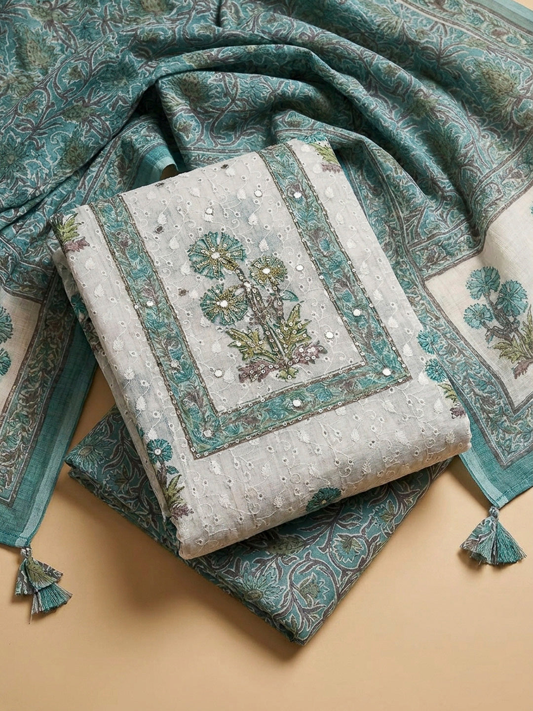 Blue Lt Printed Cotton Blend Unstitched Dress Material