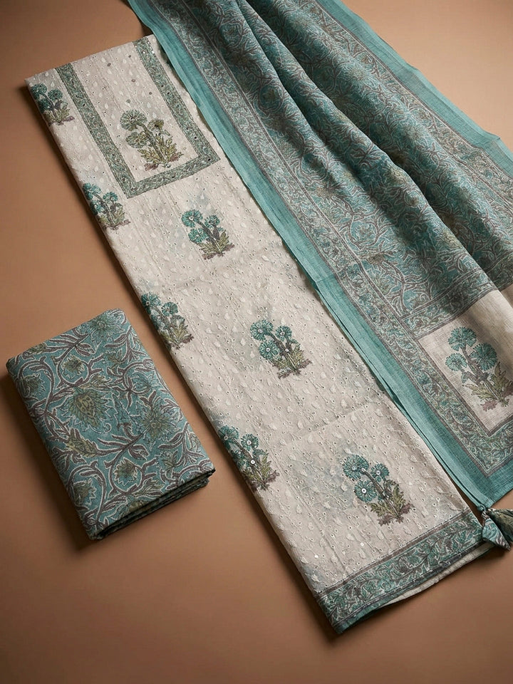 Blue Lt Printed Cotton Blend Unstitched Dress Material