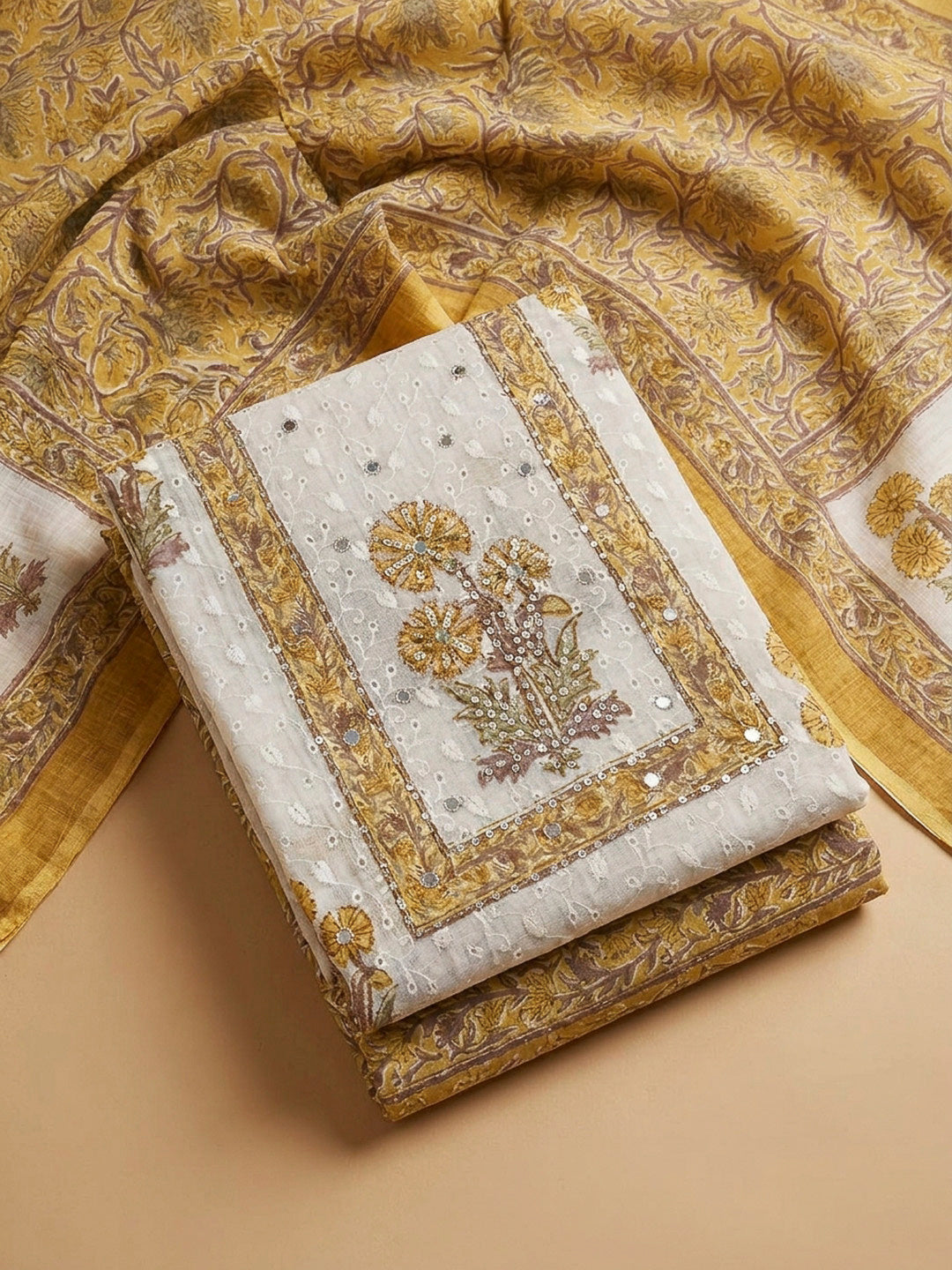 Mustard Printed Cotton Blend Unstitched Dress Material