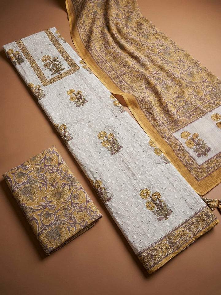 Mustard Printed Cotton Blend Unstitched Dress Material