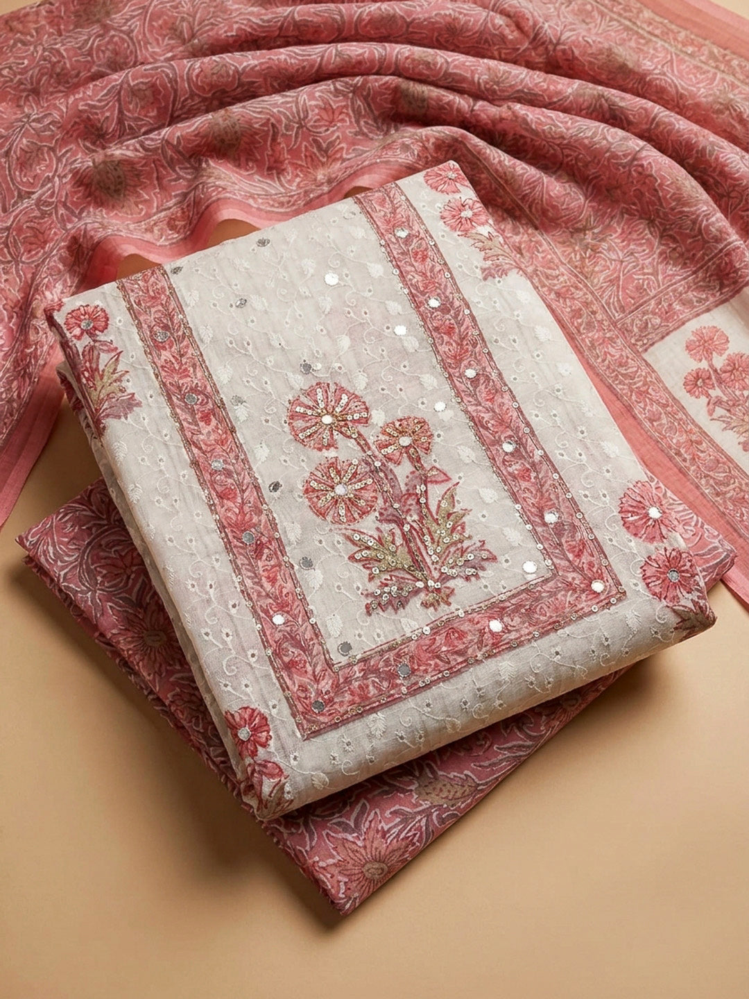 Peach Printed Cotton Blend Unstitched Dress Material