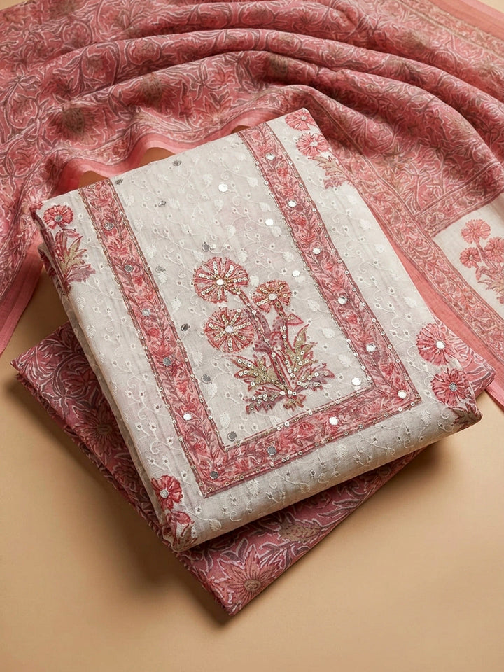 Peach Printed Cotton Blend Unstitched Dress Material