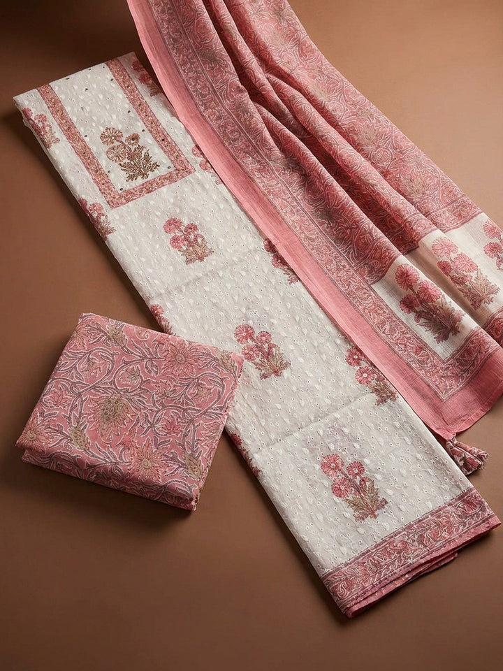 Peach Printed Cotton Blend Unstitched Dress Material
