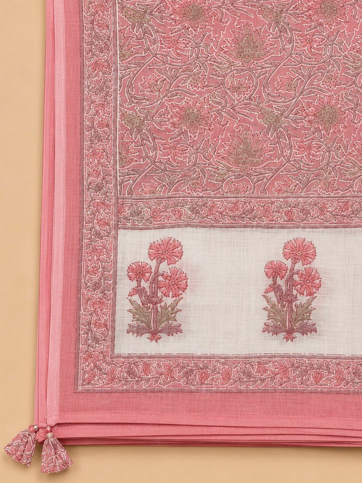 Peach Printed Cotton Blend Unstitched Dress Material