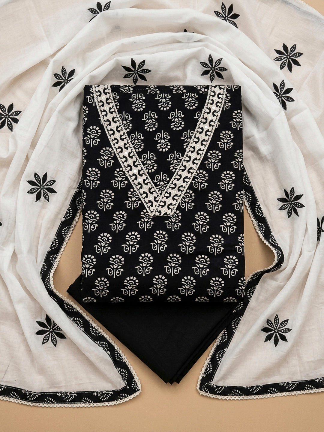 Black Printed Cotton Blend Unstitched Dress Material