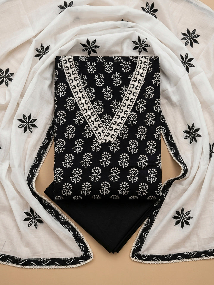 Black Printed Cotton Blend Unstitched Dress Material