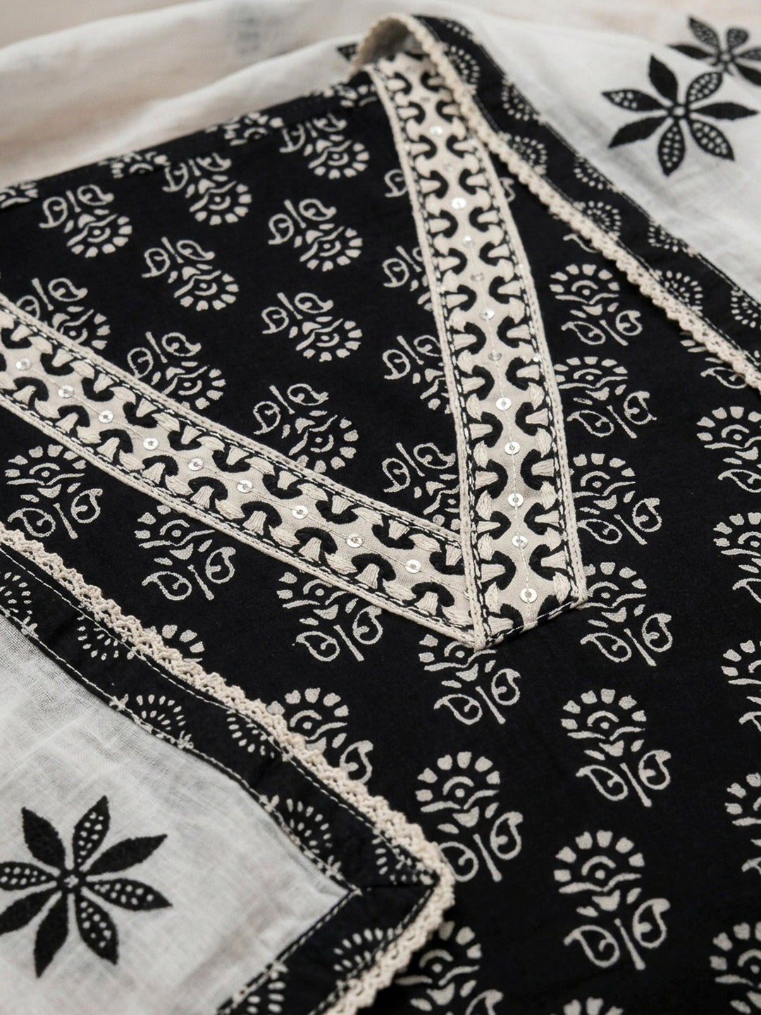 Black Printed Cotton Blend Unstitched Dress Material
