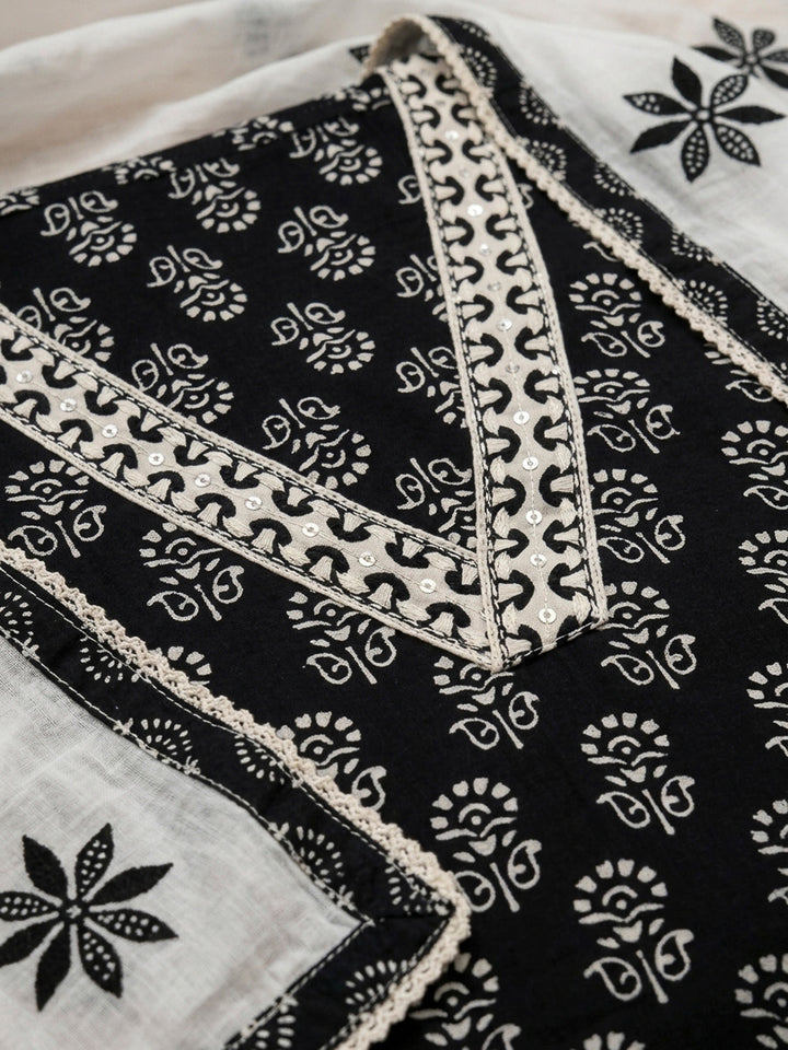 Black Printed Cotton Blend Unstitched Dress Material