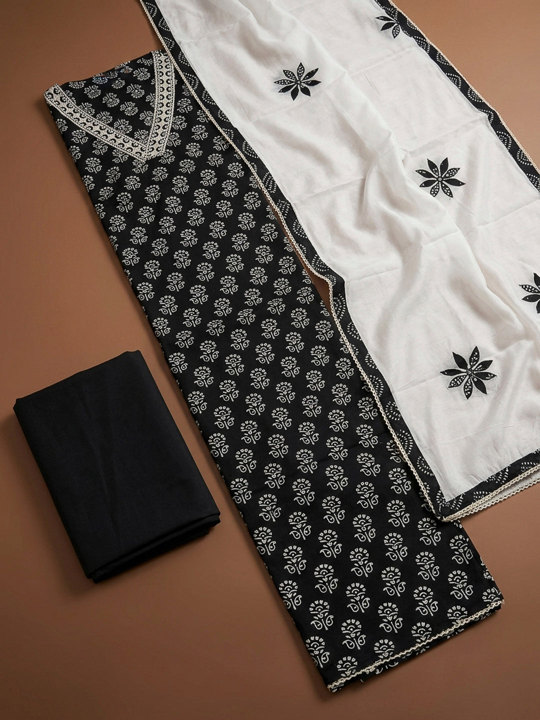 Black Printed Cotton Blend Unstitched Dress Material