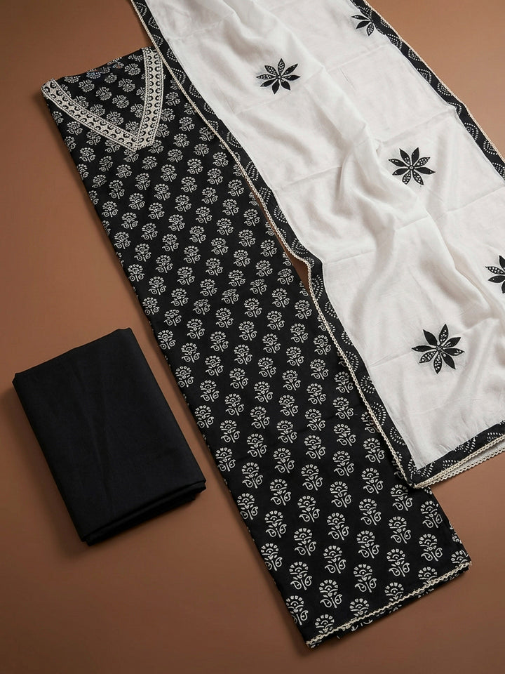 Black Printed Cotton Blend Unstitched Dress Material