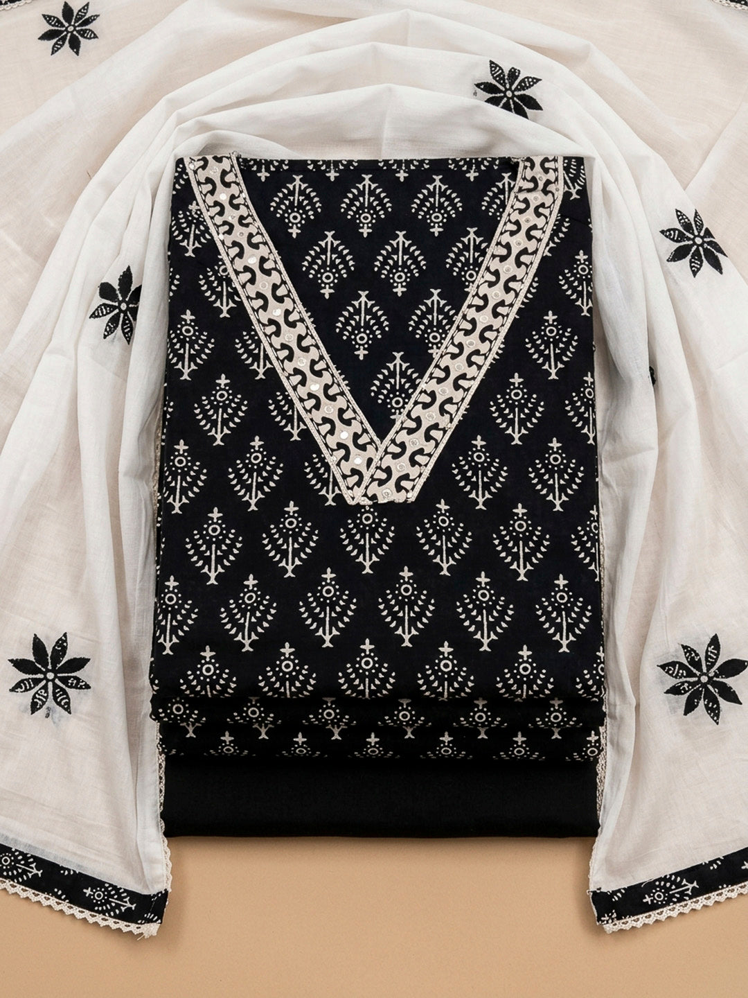Black Printed Cotton Blend Unstitched Dress Material
