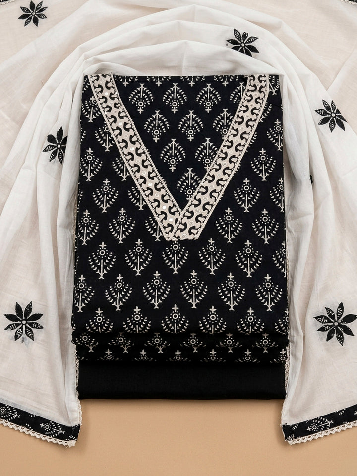 Black Printed Cotton Blend Unstitched Dress Material