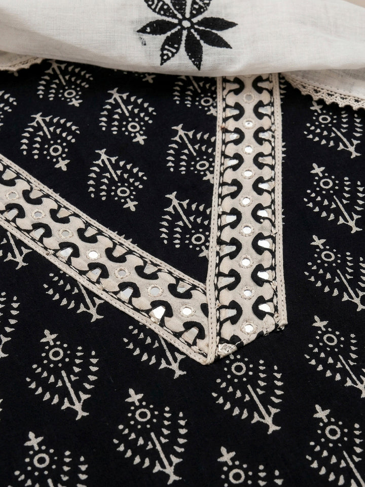 Black Printed Cotton Blend Unstitched Dress Material