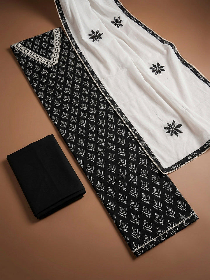 Black Printed Cotton Blend Unstitched Dress Material