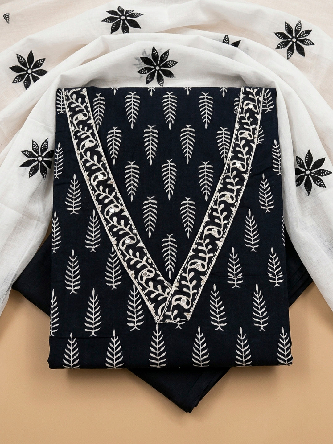 Black Printed Cotton Blend Unstitched Dress Material
